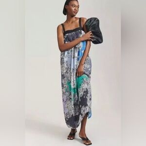 NWT Anthropologie Atsu Black and Blue Floral Maxi Dress XL Petite